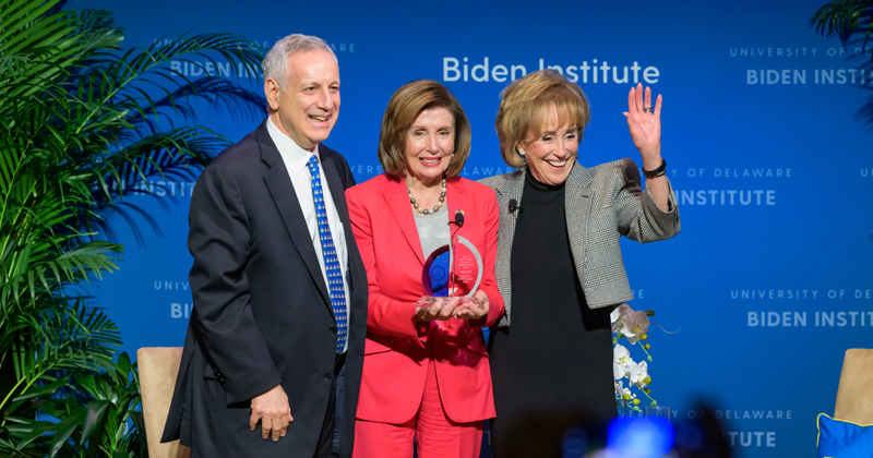 The University of Delaware welcomed Speaker Emerita Nancy Pelosi, pictured with UD President Dennis Assanis and Biden Institute Chair Valerie Biden Owens, to campus on Friday, Dec. 1, and recognized her as the 2023 recipient of the Valerie Biden Owens Woman of Power and Purpose Award.