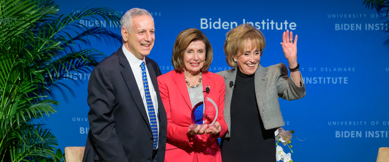 The University of Delaware welcomed Speaker Emerita Nancy Pelosi, pictured with UD President Dennis Assanis and Biden Institute Chair Valerie Biden Owens, to campus on Friday, Dec. 1, and recognized her as the 2023 recipient of the Valerie Biden Owens Woman of Power and Purpose Award.