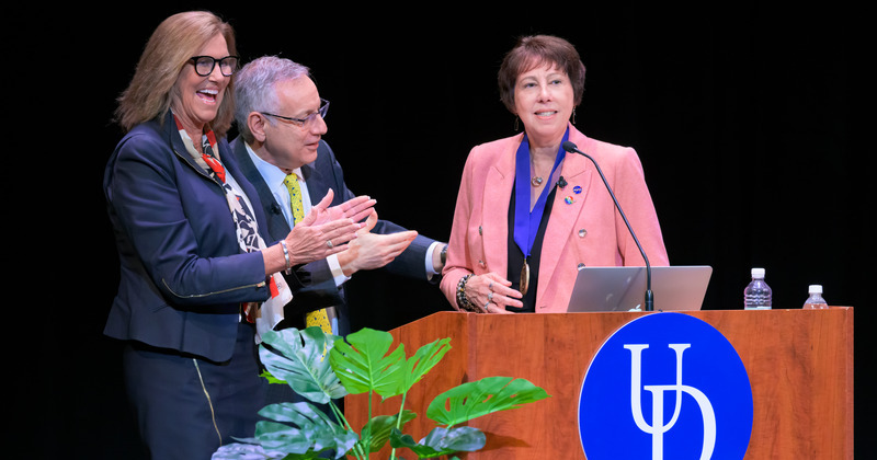 Terri Kelly, chairman of the University of Delaware Board of Trustees, recognized NASA Science Chief Nicola “Nicky” Fox with one of the University’s highest honors — the Medal of Distinction — after her “fireside chat” with UD President Dennis Assanis.