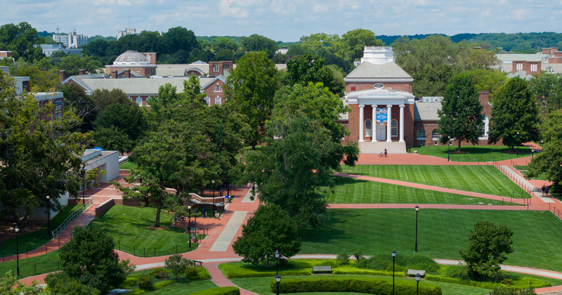 An exterior aerial photo of Memorial Hall