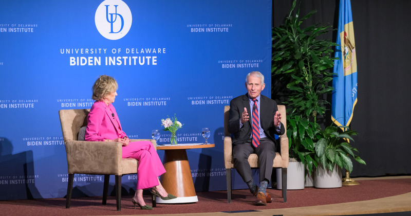 Valerie Biden Owens, chair of the Biden Institute at the University of Delaware, discussed disaster preparedness and crisis decision-making with renowned physician, immunologist and infectious disease researcher Dr. Anthony Fauci on May 3 as part of events surrounding the Disaster Research Center’s 60th anniversary.