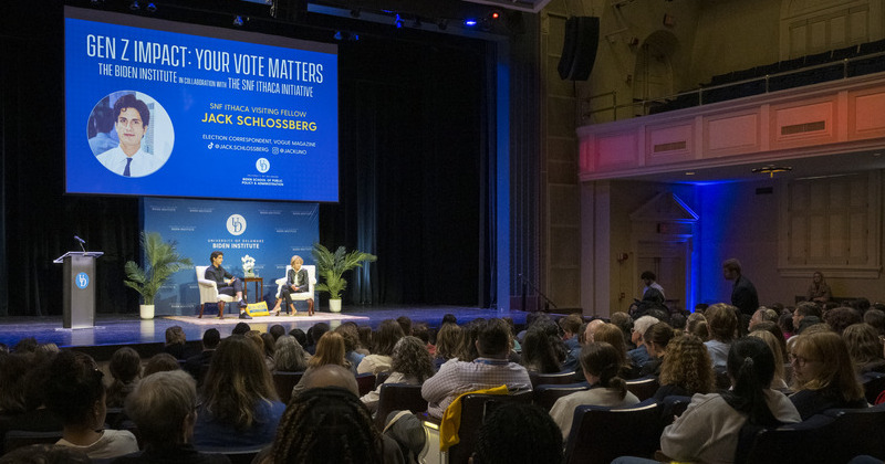 Stavros Niarchos Foundation (SNF) Ithaca Visiting Fellow Jack Kennedy Schlossberg joined Valerie Biden Owens, chair of the Biden Institute at the University of Delaware, on Oct. 18 for the special event “Gen Z Impact: Your Vote Matters” held in Mitchell Hall.