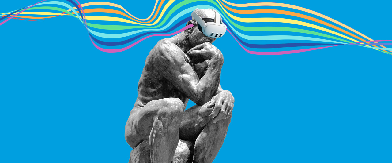 Art by Jeff Chase thinking statue in front of bright blue abstract background