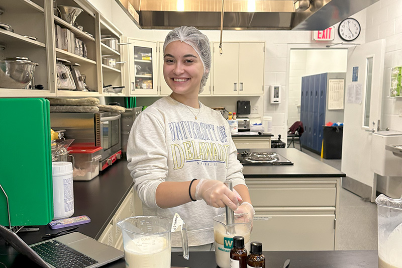 Melinda Hill using the test kitchen in UD’s Genuardi Food Innovation Laboratory to test upcoming UDairy Creamery flavors 