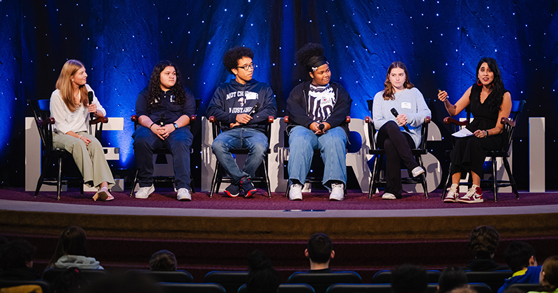 Henna Pryor (far right), a two-time TEDx speaker, UD alumna and author of “Good Awkward,” moderates a student panel during the Siegfried Youth Leadership Program. Following her keynote on building connections and overcoming self-doubt, students shared personal takeaways and how they plan to apply the lessons in their own lives.