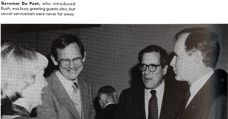 Blue Hen yearbook photo of Michael Castle with George Bush
