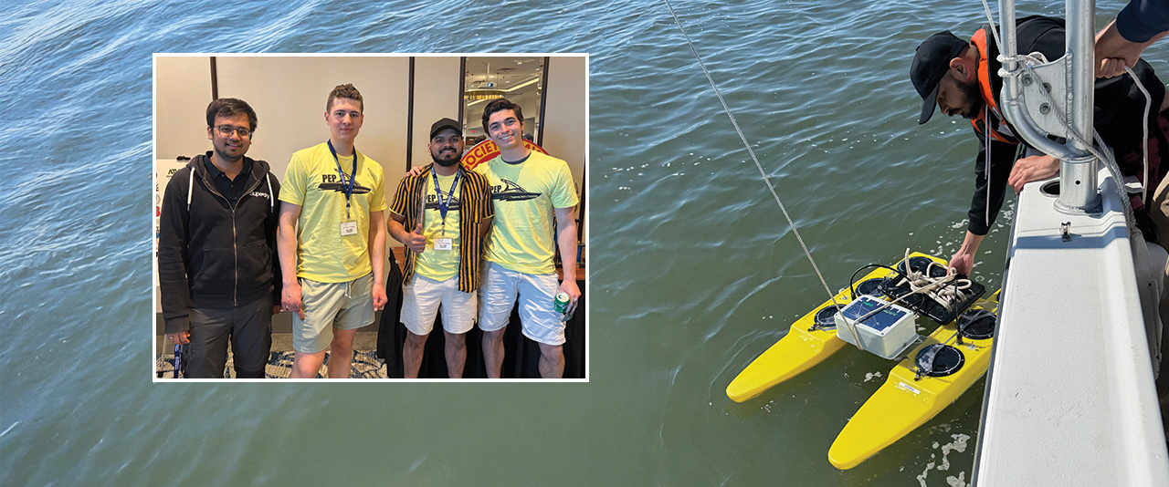 University of Delaware’s Delaware Dynamos team (from left, Shubham Shah, Alec Karmann, Rushabh Dhoke and Jared Wierzbicki) competed in the American Society of Naval Engineers Promoting Electric Propulsion competition in April. Not pictured: Andrew Bryceland. At right, Dhoke launches the team’s electric, autonomous surface vehicle.