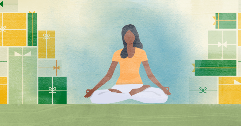 Illustration in yellow, green and blue of woman meditating cross-legged with organized piles of wrapped gifts on either side of her.