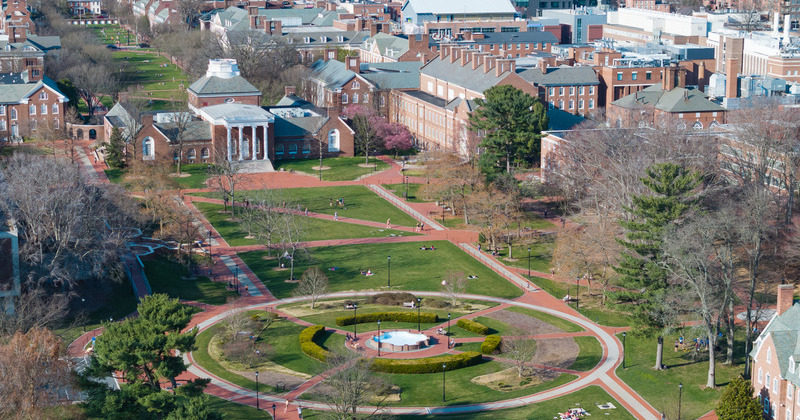 Drone shot of UD's Campus in Early Spring.