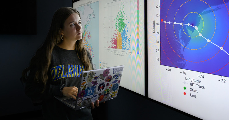 University of Delaware junior Paige Burchell, an Honors student from Jamison, Pennsylvania, is learning about the mathematical modeling that goes into weather and climate forecasting this summer, as she conducts research on the wind profiles of tropical cyclones. 
