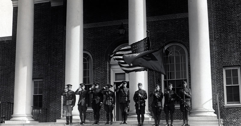 Presentation of the flags on the steps to Memorial Hall