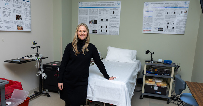 Megan Wenner, associate professor of kinesiology and applied physiology, is conducting research that focuses on how menopause-driven hormonal shifts contribute to heart disease in women, potentially paving the way for targeted treatments that improve heart health outcomes for women. 