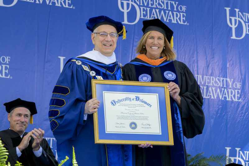 UD President Dennis Assanis (left) received an honorary doctor of humane letters degree.