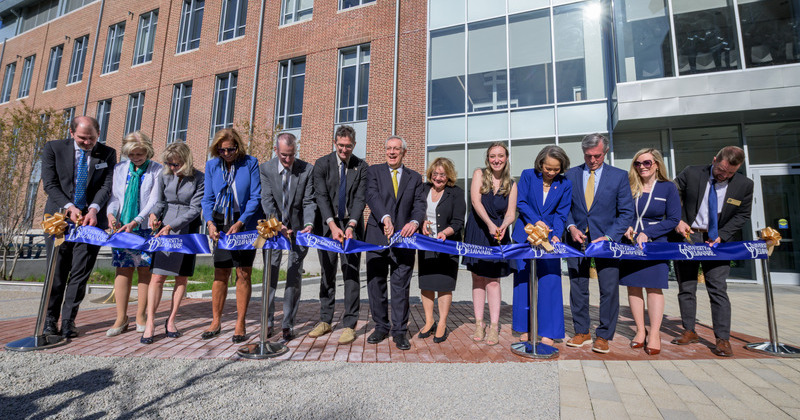In April 2025, President Dennis Assanis (center) was joined by other UD, local, state and federal leaders in the ribbon cutting for Building X. 