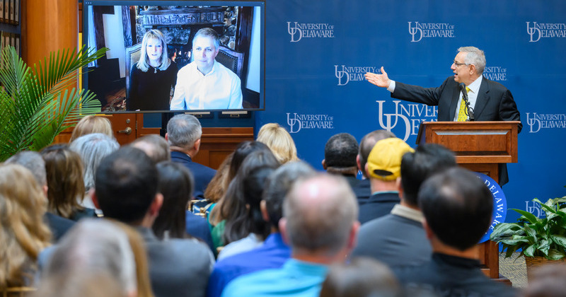 At an cermony on March 17, 2025, President Assanis thanked Robert L. Siegfried, Jr. and Kathleen Marie (Horgan) Siegfried, along with The Siegfried Group, LLP, for their gift of $71.5 million to the University-the largest donation in the history of the institution. 