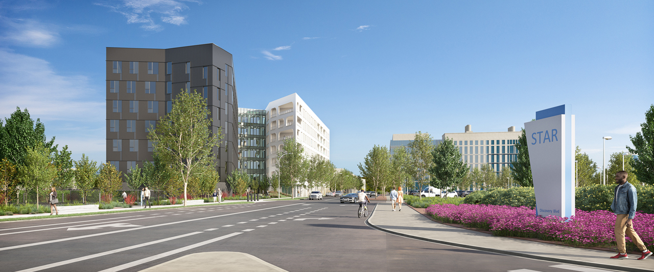 A rendering of the Buccini Pollin Group residential project at the south entrance of the STAR Campus. 