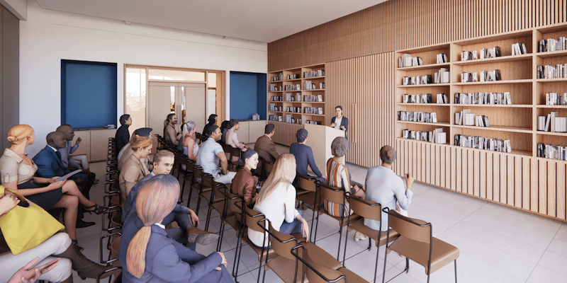 The 18,000-square-foot building will feature a large event hall for Shabbat dinners for up to 250 students, huddle spaces for students to study and meet, lounges for students to gather, a beit midrash/chapel, classroom space and an outdoor gathering space.