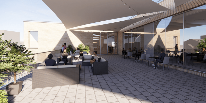 The 18,000-square-foot building will feature a large event hall for Shabbat dinners for up to 250 students, huddle spaces for students to study and meet, lounges for students to gather, a beit midrash/chapel, classroom space and an outdoor gathering space.