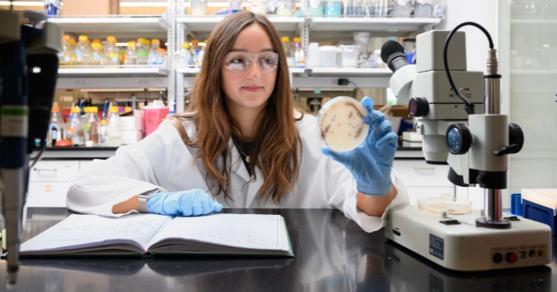 Alex Pipinos, the lead author and a UD Class of 2025 graduate with a master’s in microbiology, looks at a bacterial culture of Streptomyces coelicolor.