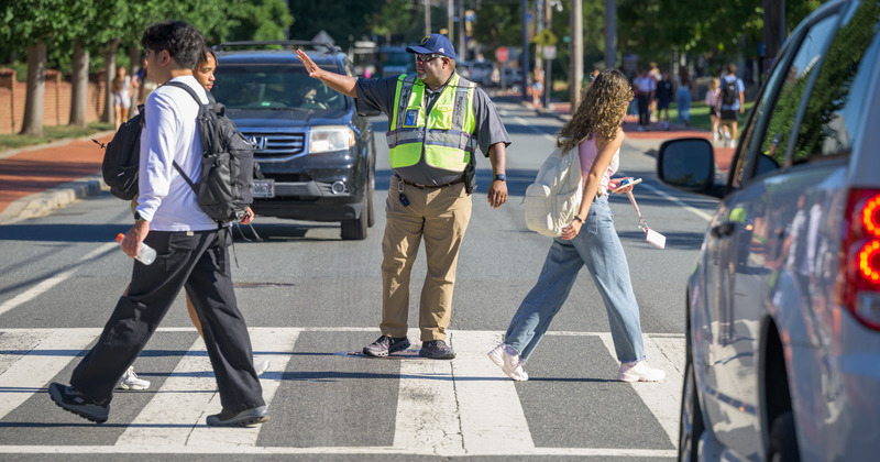 Emmett Robinson, a retired UD Police corporal, returned to UD as a crossing guard stationed at a busy stretch of Newark’s Academy Street. 