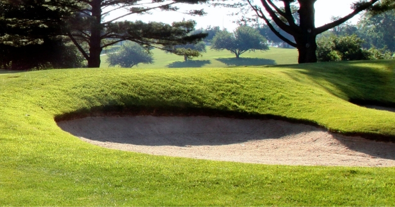 Well-maintained turf surrounds a bunker, or sand trap, at Deerfield Golf Club. Maintaining a consistent playing surface is a year-round job that involves soil analysis, irrigation and dozens of specialized mowers. 