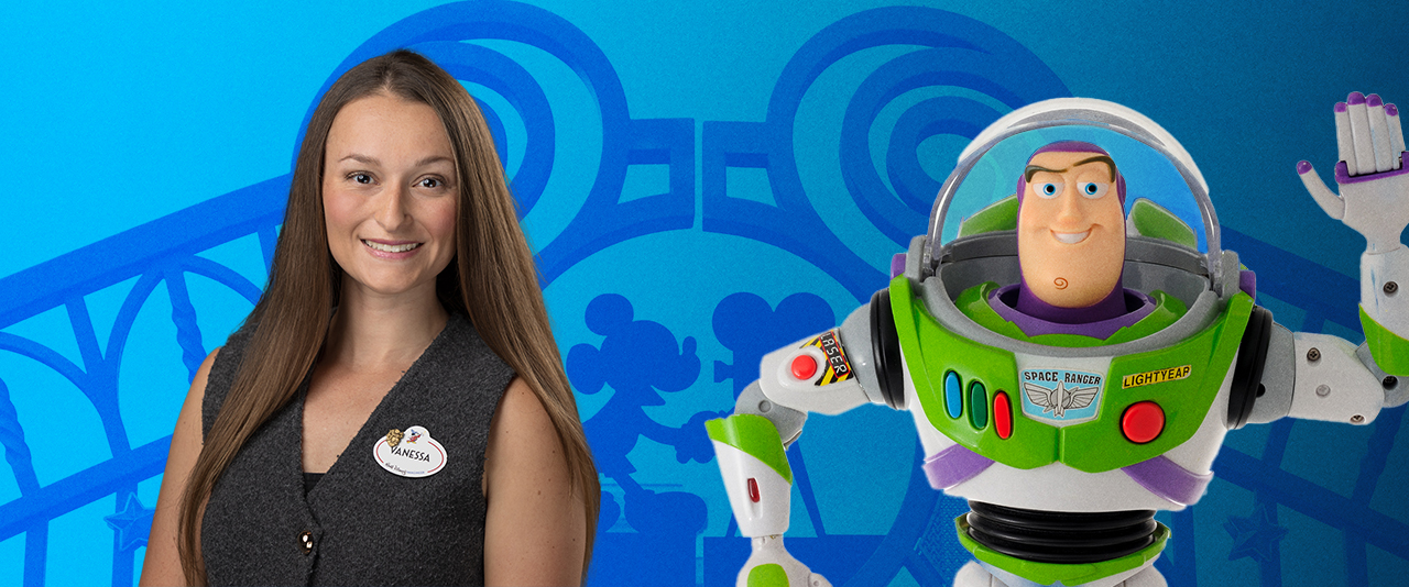 UD alumna Vanessa Huber and Buzz Lightyear