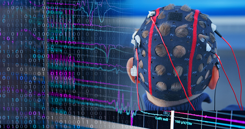 College of images: A view from behind of a person in an electroencephalography cap, series of 0 and 1 numerals on a computer screen, and a medical device screen with brain waves.