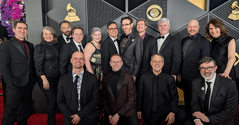 Miles Brown (first row, second from left) with members of the ensemble Alarm Will Sound at the Grammy Awards red carpet. The ensemble won the award for Best Chamber Music/Small Ensemble Performance for their recording of Donnacha Dennehy’s Land of Winter. 