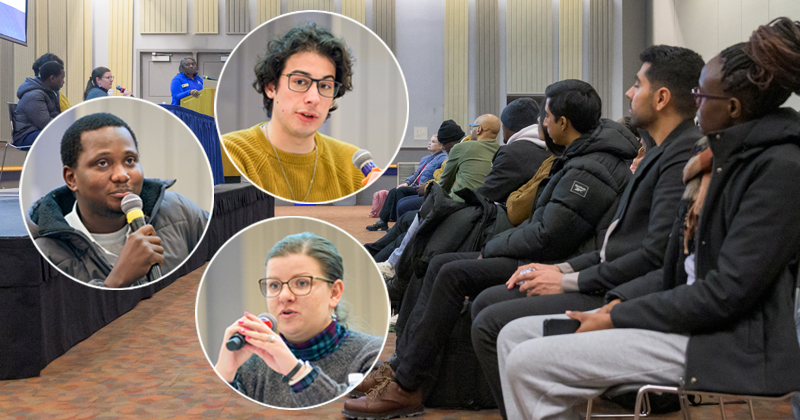 Emmanuel Adebayo, Max Bobbin, Stephanie Kuntz-McAllister and other campus leaders shared tips for success at the spring semester’s New Graduate Student Orientation. 