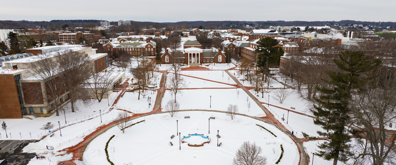 An aerial view of UD's Newark campus following a winter storm.