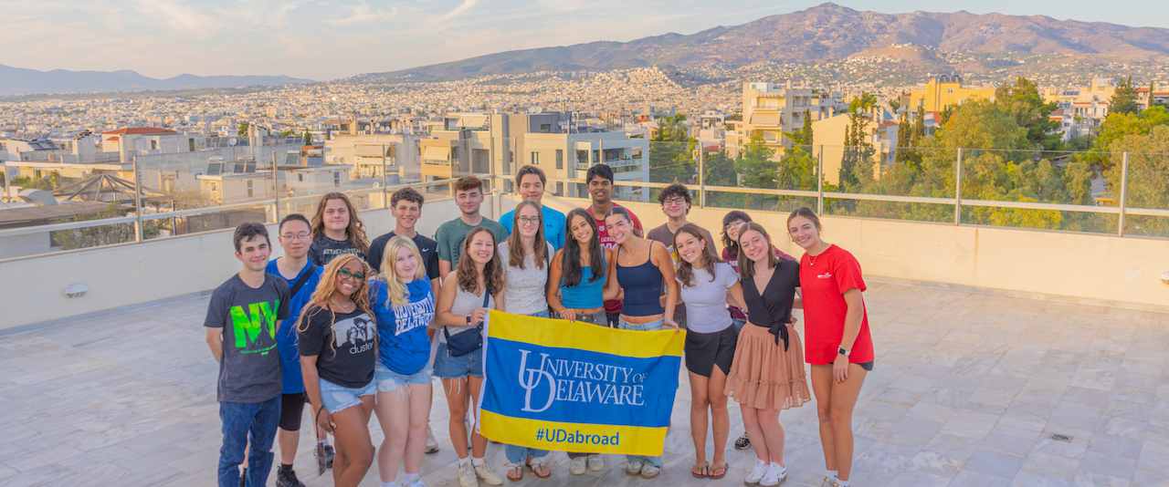 Students in UD’s World Scholars Program begin their undergraduate careers studying abroad at one of five partner universities in Rome, Italy; Madrid, Spain; Athens, Greece; Auckland, New Zealand; or Newcastle, United Kingdom. Pictured are students in Athens during the fall 2025 semester.