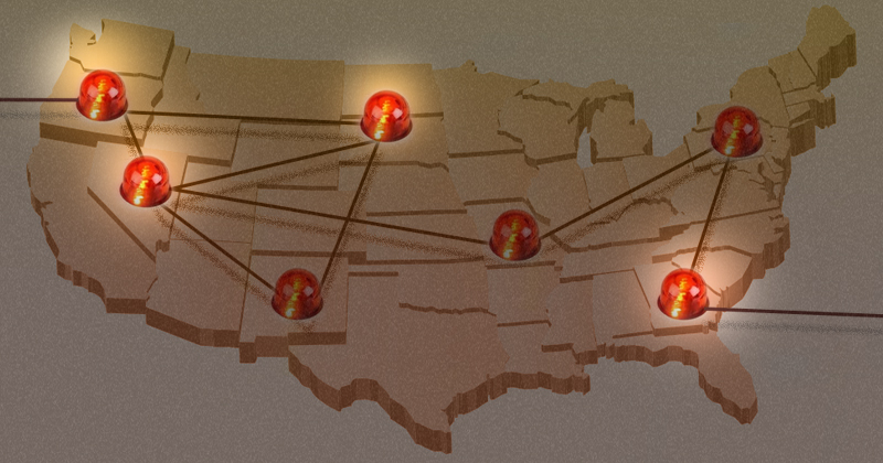 Map of United States with glowing red beacons in a few states and red lines connecting them