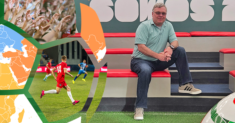 Blue Hen Ed Klima has traveled the world in preparation for the 2026 World Cup. Here, he’s working out of Guadalupe’s Monterrey Stadium, set against the foothills of the Cerro de la Silla mountain range. 
