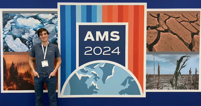 Thomas Florio, a senior majoring in meteorology and climate science with minors in computer science and geography, attended the 2024 American Meteorological Society (AMS) meeting. Florio is involved in the UD Chapter of AMS, where he served in a variety of capacities and ran the weather page, making weekly and weekend forecast posts. 