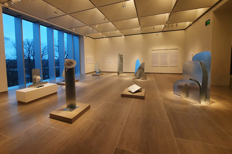 “Metal the Mirror” installation view at the Bruce Museum, April 2025. The galvanized steel sculptures will oxidize over time, changing into a textured surface.