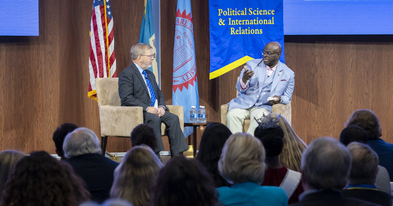 Delaware State University President Tony Allen (right) called for new partnerships between UD and DSU as the speaker at this year’s James R. Soles Lecture on the Constitution and Citizenship. Here, Allen emphasizes a point while responding to a question during the Q&A portion of the event, which was moderated by David Redlawsk, James R. Soles Professor and Chair of UD’s Department of Political Science and International Relations.