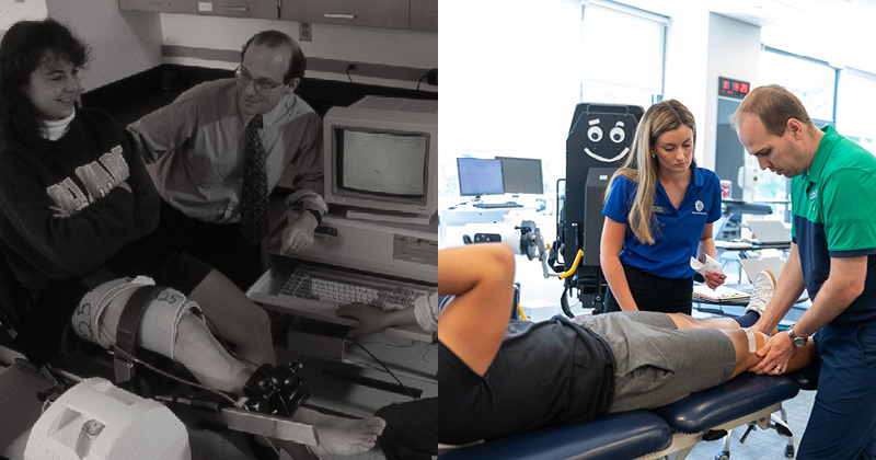 UDPT over the years. Left has a patient with a brace and old computer. Right has PTs working with a patient on a table in the PT Clinic.