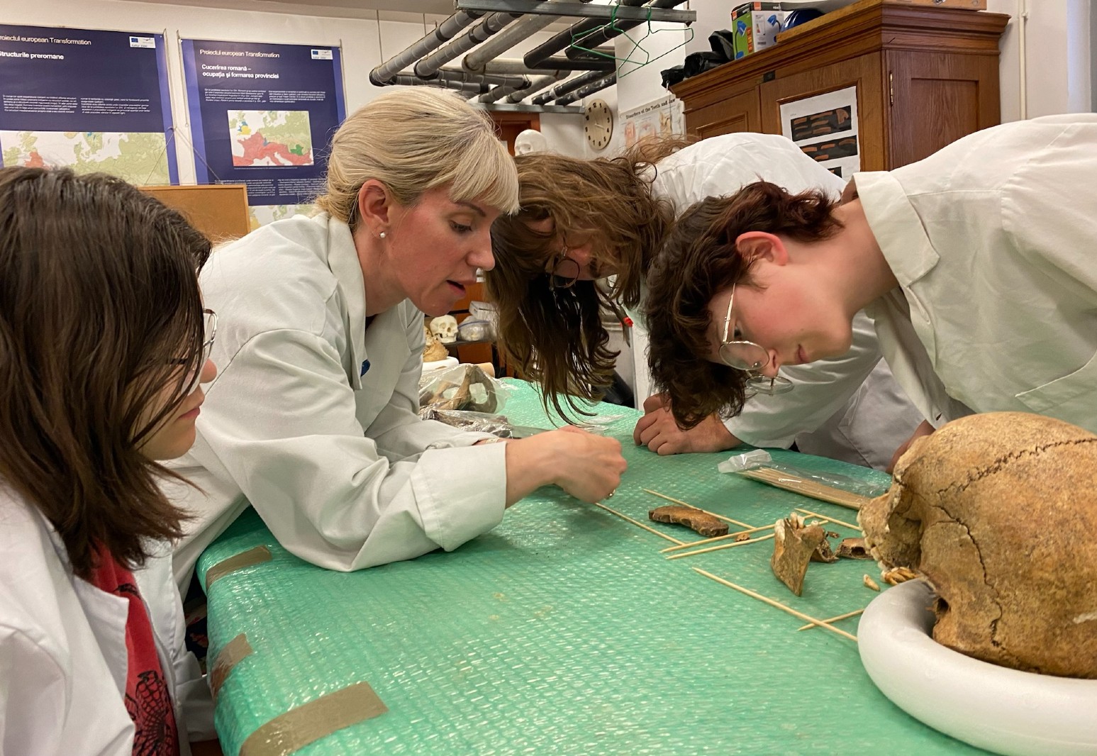 In the lab, Margiotta and a faculty member examine the mandible of a specimen excavated from the site.