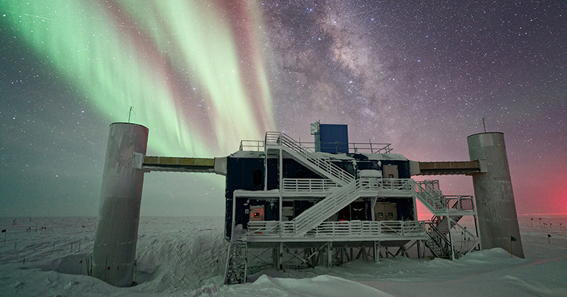 The IceCube Neutrino Observatory, seen here with the Milky Way and auroras in the background sky, is an extraordinary facility in Antarctica that allows researchers to detect and study high-energy neutrinos and other cosmic rays, some of the tiniest particles in the Universe. University of Delaware researchers have made the trip to this forbidding region many times over the past 30 years and on Tuesday, Oct. 6, they celebrated the news that the leader of this collaborative research, Prof. Francis Halzen of the University of Wisconsin, had won the Nobel Prize in physics.
