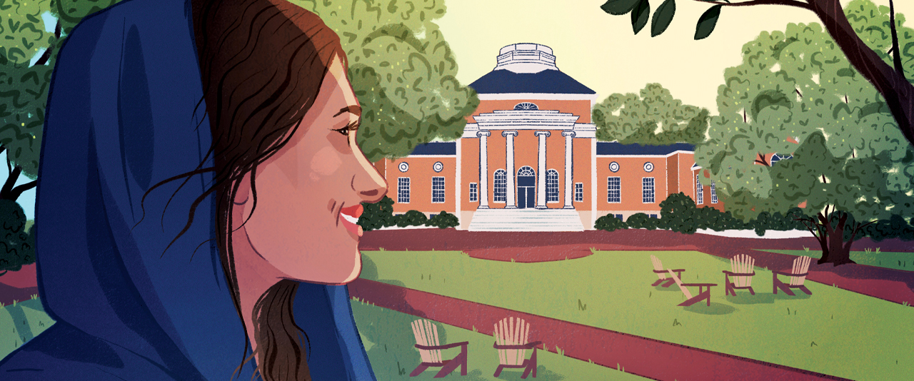 Illustration of Afghan women looking at UD's campus
