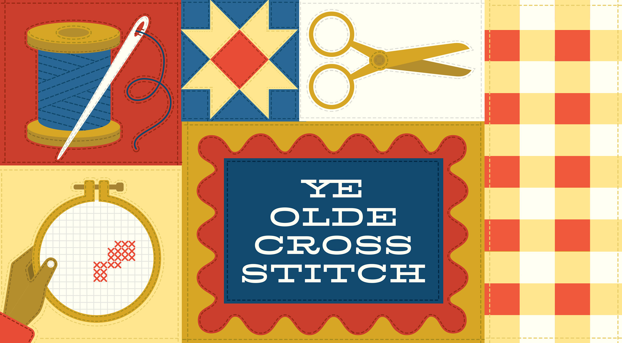 Collage of blue, gold and red cross stitch illustrations with the text 