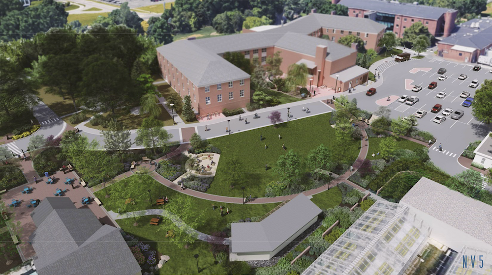 A rendering of the Townsend East Lawn and Garden plan from a drone perspective looking down onto the lawn, featuring UDairy Creamery, the educational area, lawn, gardens, and comfort station.