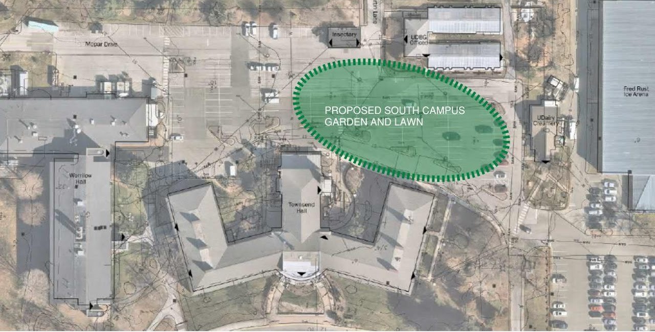 The proposed scope of the project as a mapped aerial view: between UDairy and the south end of Townsend Hall.