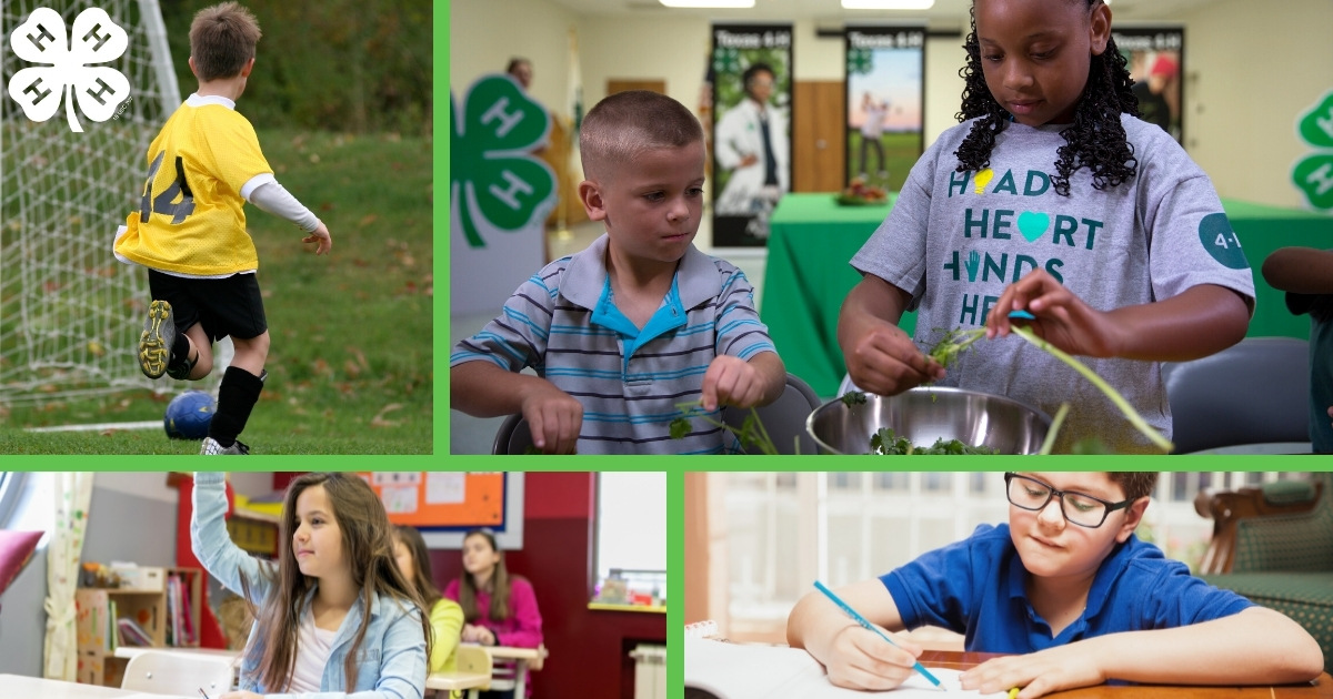 A compilation of photos of children doing healthy activities: playing soccer, cooking and learning.