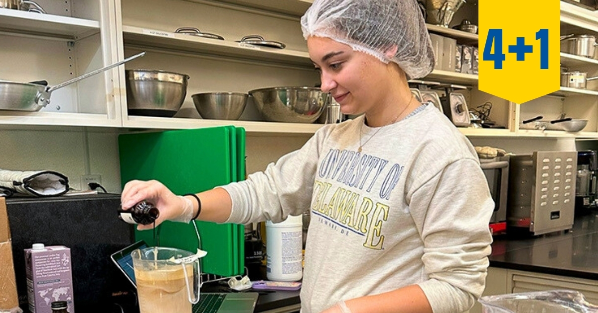 A UD student working on an ice cream recipe in the Genuardi Food Innovation Lab's Student Test Kitchen.