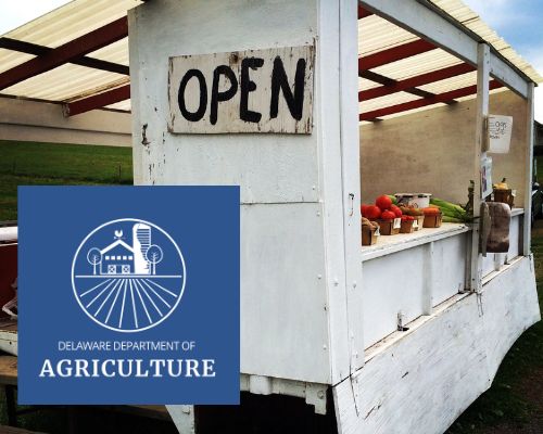 A farmer's market with the Delaware Department of Agriculture's logo