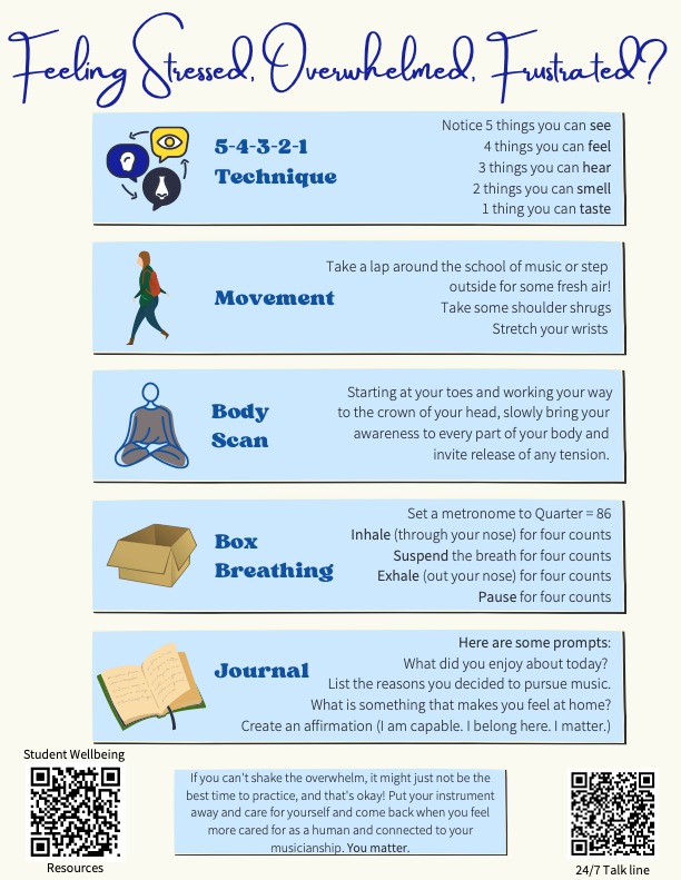 Feeling stressed, overwhelmed, frustrated, try the 5-4-3-2-1 technique, movement, body scan, box breathing or journaling to help your body regulate.