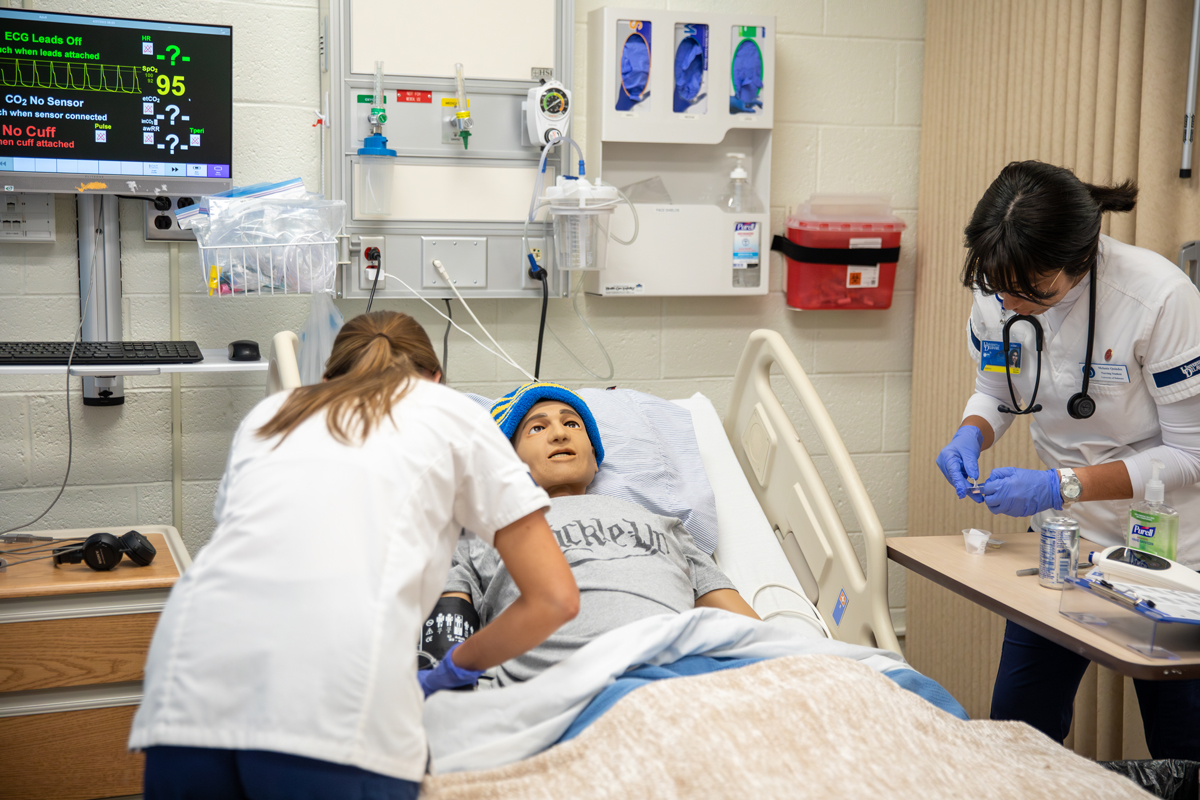 Nursing students performing clinical skills on a simulation mannequin