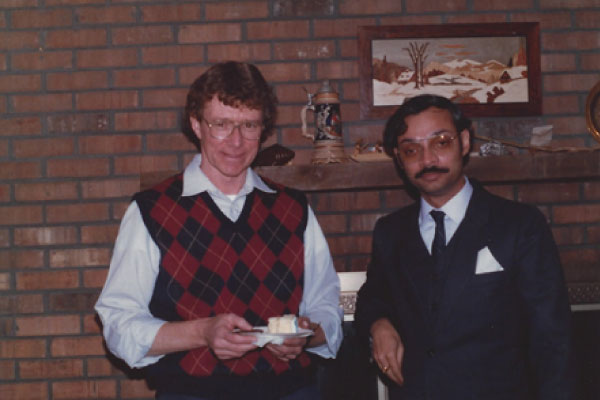 Retired UD professor George Molloy, Mukherjee’s doctoral advisor, threw a party at his home to celebrate his successful thesis defense in 1987. Retired UD professor George Molloy, Mukherjee’s doctoral advisor, threw a party at his home to celebrate his successful thesis defense in 1987.