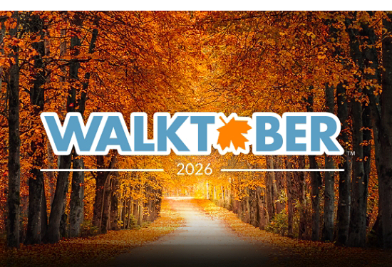 Walktober 2026 logo over a tree-lined path surrounded by bright orange fall foliage